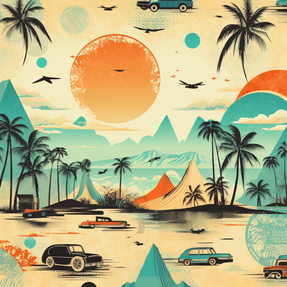 Vintage, Retro Travel Poster Tropical, Palm Trees, Airplane, Sun 3