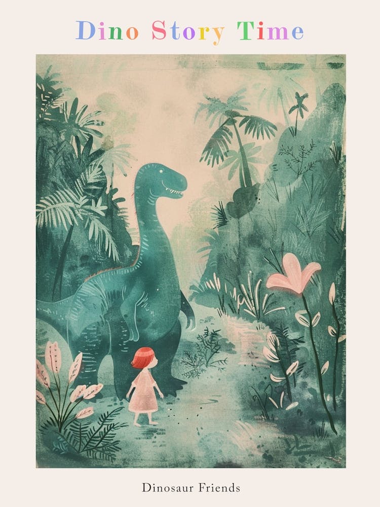 Dinosaur & A Child Storybook Painting Poster