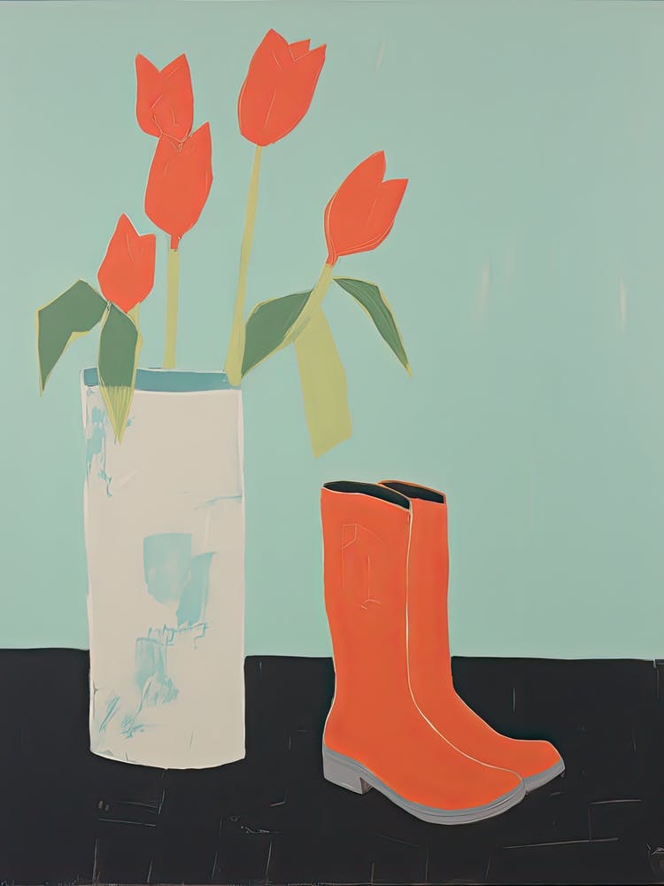 A Painting Of Cowboy Boots With Tulip Flowers, Pop Art Style 3