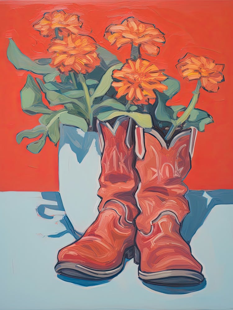 A Painting Of Cowboy Boots With Red Flowers, Fauvist Style, Still Life 8