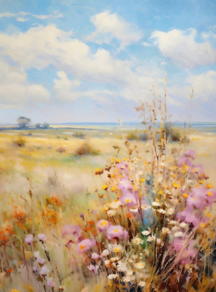 Wildflower Field Landscape Oil Painting, Vintage Landscape, Muted Country Field Wall Art Digital Download, Nature Printable Art
