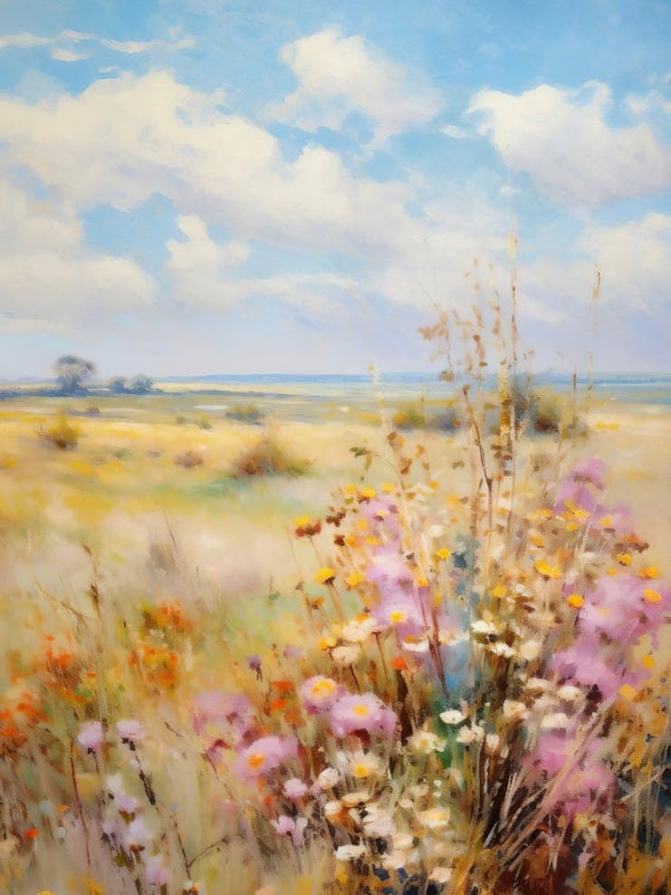 Wildflower Field Landscape Oil Painting, Vintage Landscape, Muted Country Field Wall Art Digital Download, Nature Printable Art