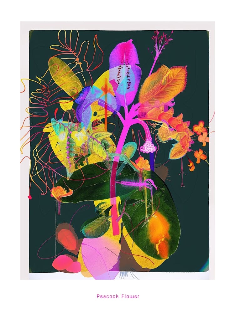 Peacock Flower (Caesalpinia) 3 Neon Flower Collage Poster