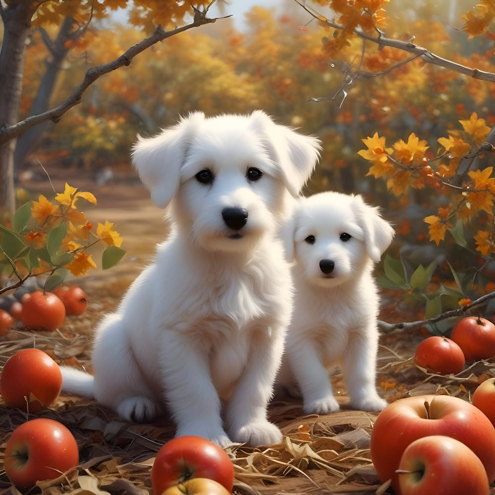 Puppies In The Apple Orchard