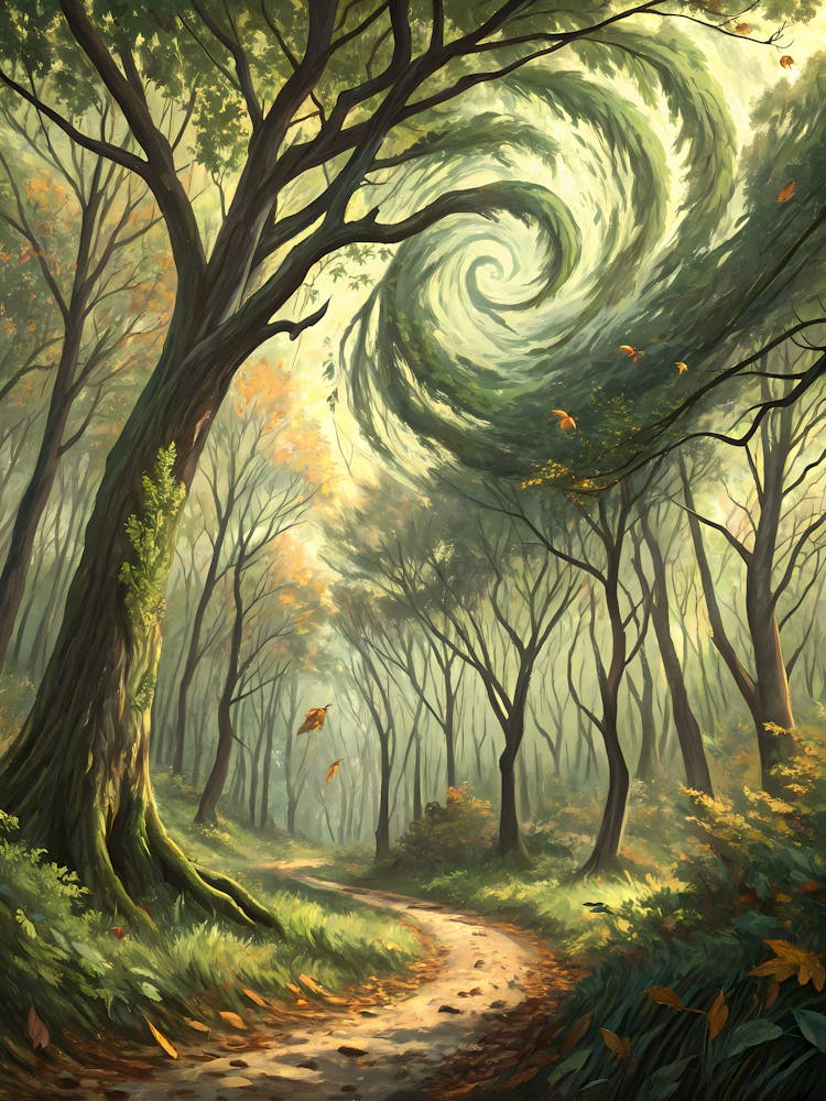 Oil Painting Style Enchanted Forest Path Swirling Trees & Autumn Foliage