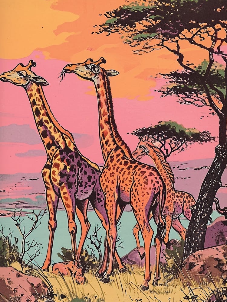 Pink Giraffe Sunset Illustration