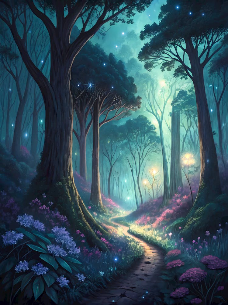 Enchanted Midnight Forest Glowing Flowers and Mystical Path