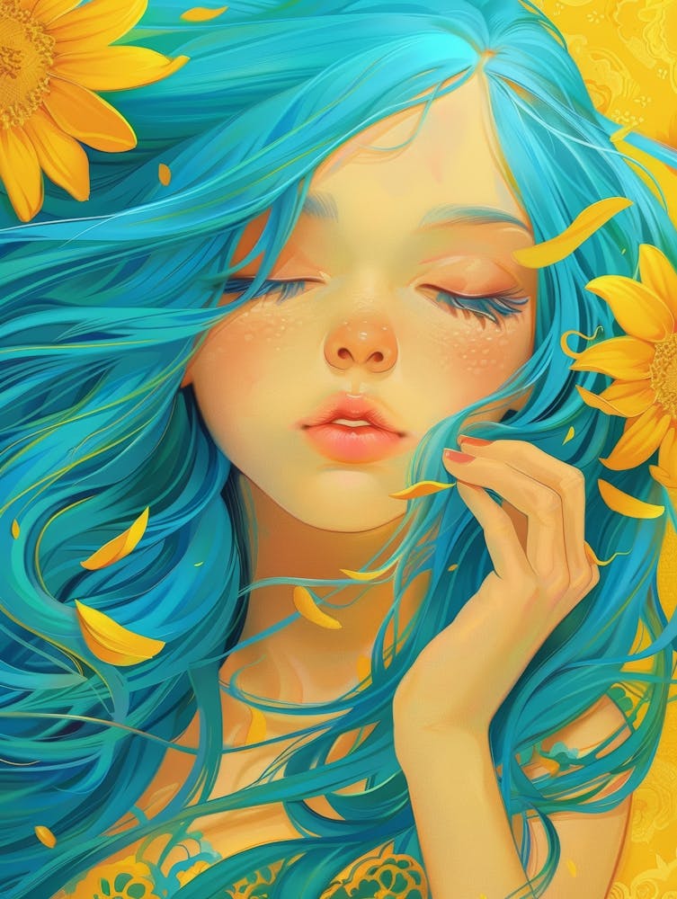 Blue Haired Girl With Sunflowers