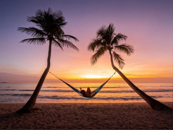 Strand Bei Sonnenuntergang Silhouette Einer Einzelnen Person Liegend Auf Einer Hängematte Zwischen Zwei Palmen Gespannt Art Print by Pat4U – Fy!