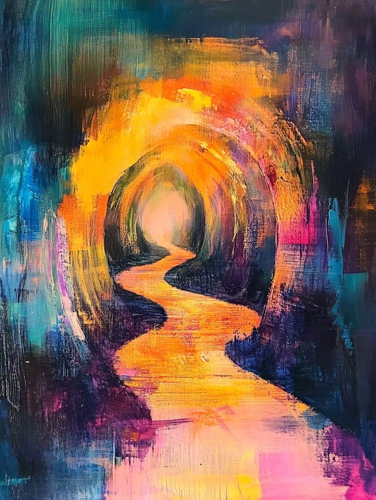 Tunnel To Enlightenment. Abstract Colourful Painting Of A Winding Path In A Cave