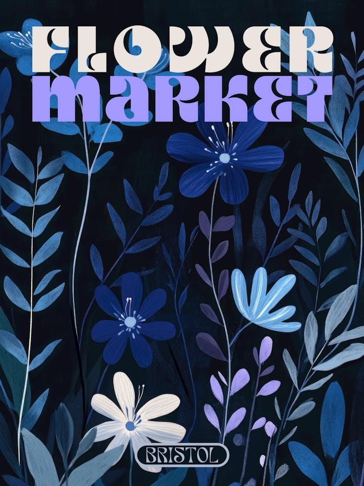 Bristol city print flower market poster in dark blues, retro aesthetic floral illustration with 70s style typography, vintage travel prints perfect for eclectic living rooms, bedrooms, kitchens, entryways