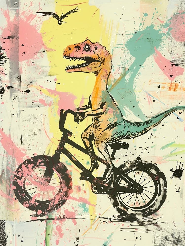 Grafitti Style Pastel Painting Dinosaur Riding A Bike 2