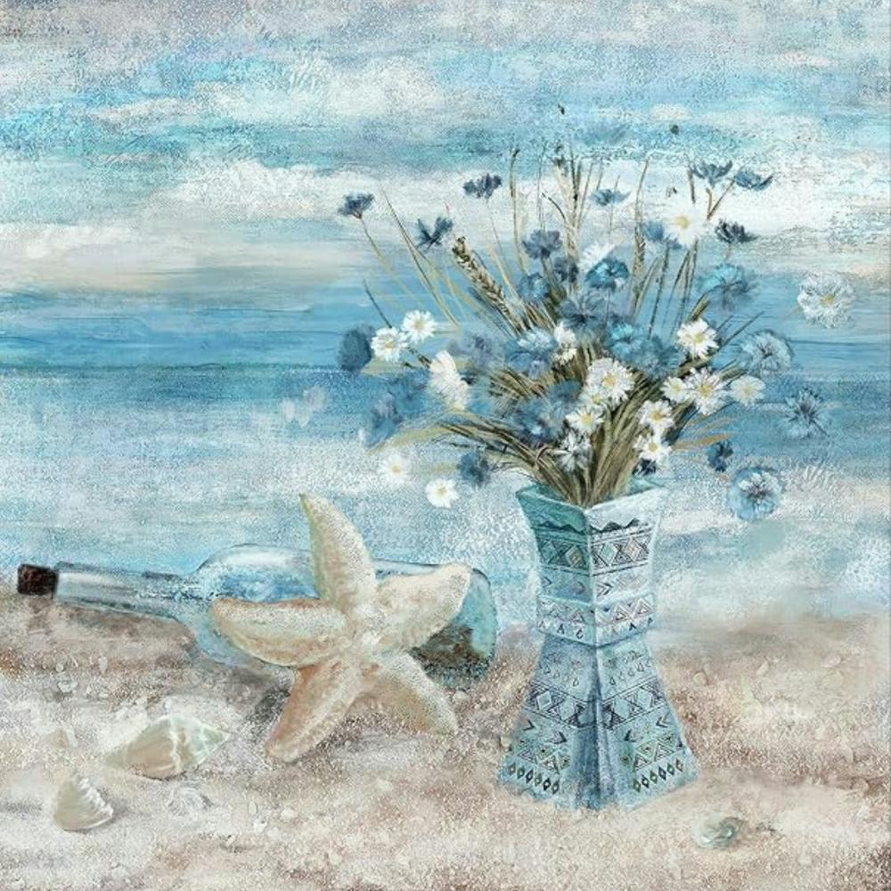 Blaue Blumen am Strand Wandkunst für Badezimmer-Dekor: Blaues Strandbild mit Ozean-Motiv Moderne Küstenlandschaftsmalerei mit floralem Leinwanddruck und Gerahmtes Küstenkunstwerk Indische Vase mit Gänseblümchen für Zuhause Meer See