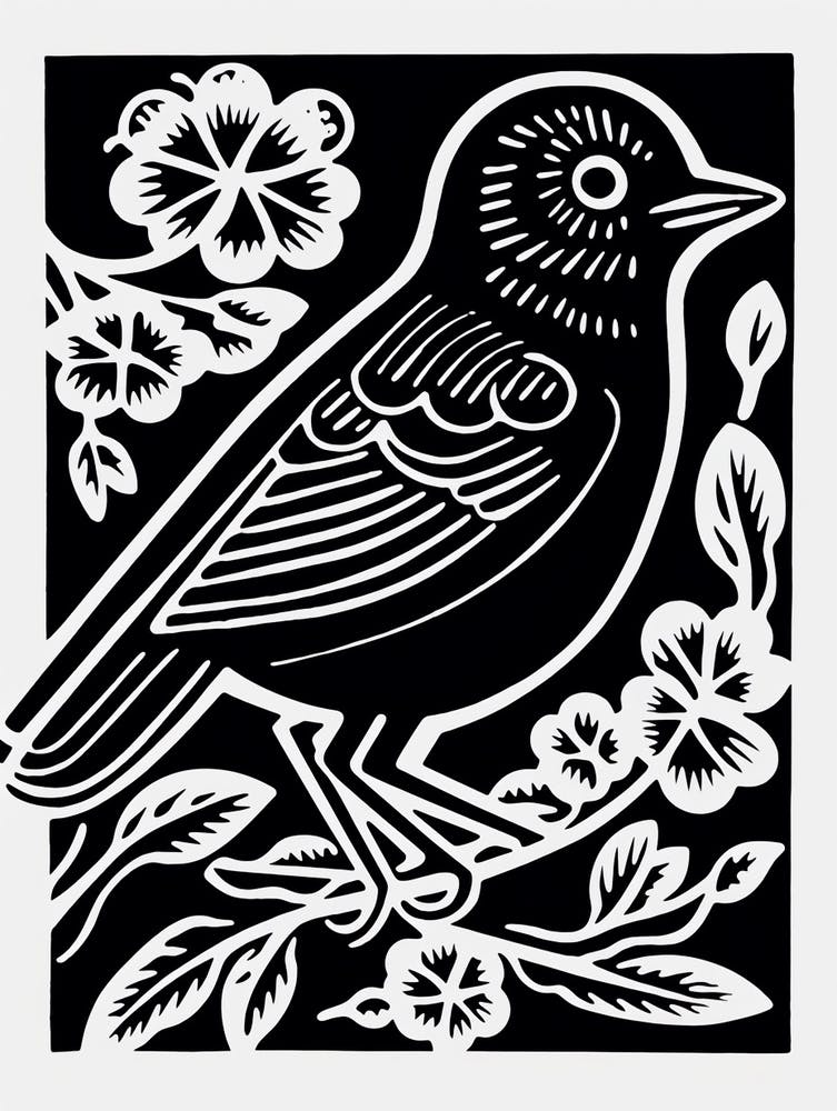 B&W Bird Linocut Bluebird 1
