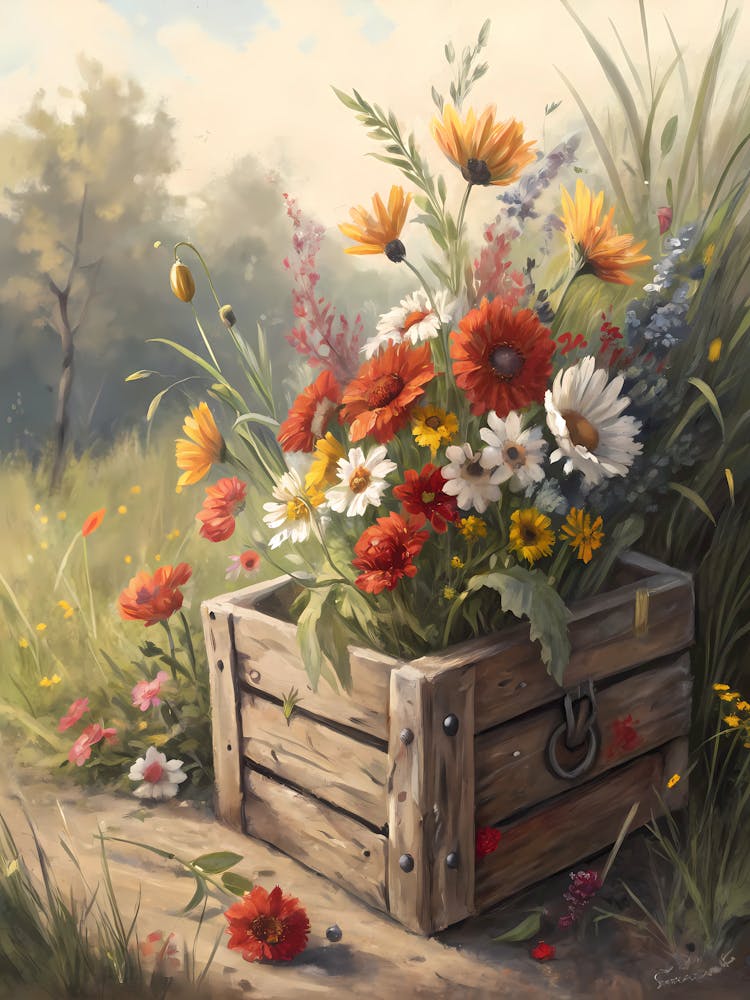 Oil Painting Style Rustic Crate of Wildflowers Countryside Floral Display