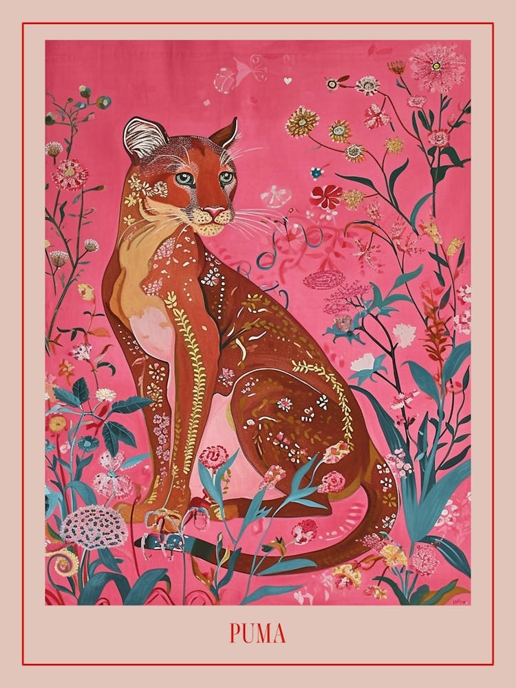 Floral Animal Painting Puma 1 Poster