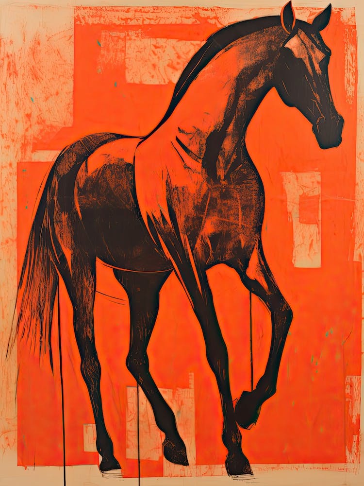 Black Horse, Woodblock Animal  Drawing 6