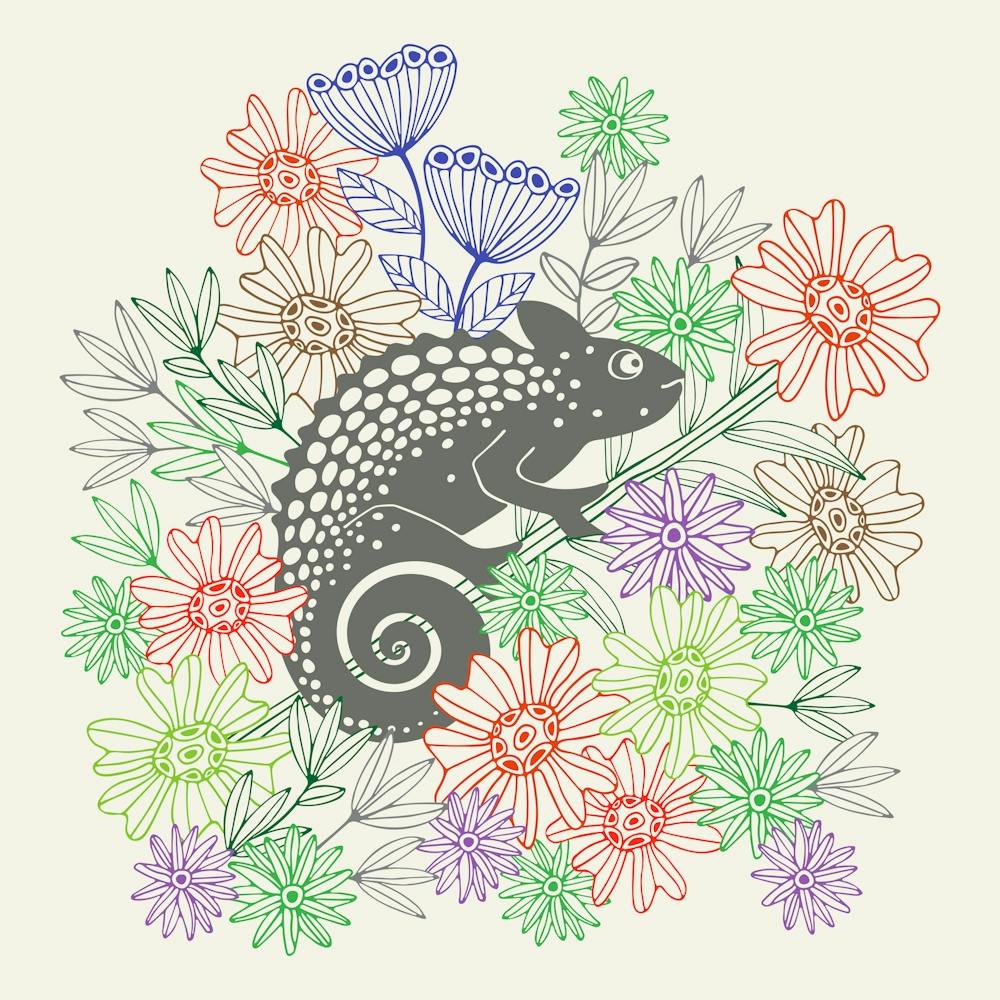 CHAMELEONS JUST WANNA HAVE FUN Cute Rainforest Reptile Line-Drawing Floral in Retro Gray Red Purple Blue Green