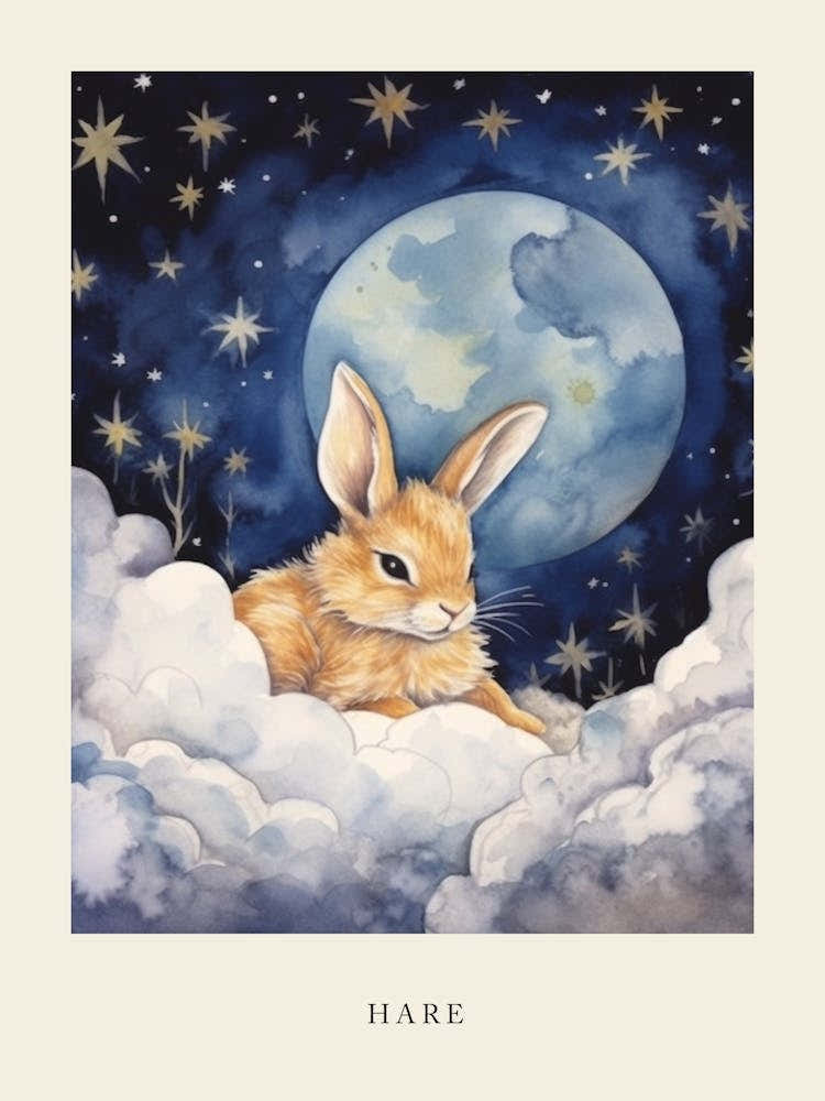 Baby Hare 2 Sleeping In The Clouds Nursery Poster