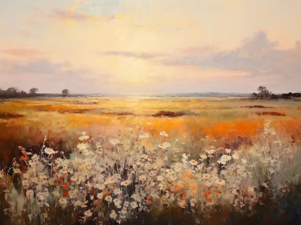 Wildflower Field Landscape Oil Painting, Vintage Autumn Sunset Prints, Warm Tone Country Field Wall Art Digital Download, Nature Printable