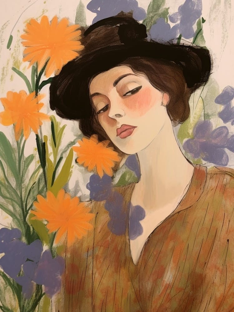 Woman With Autumnal Flowers Delphinium