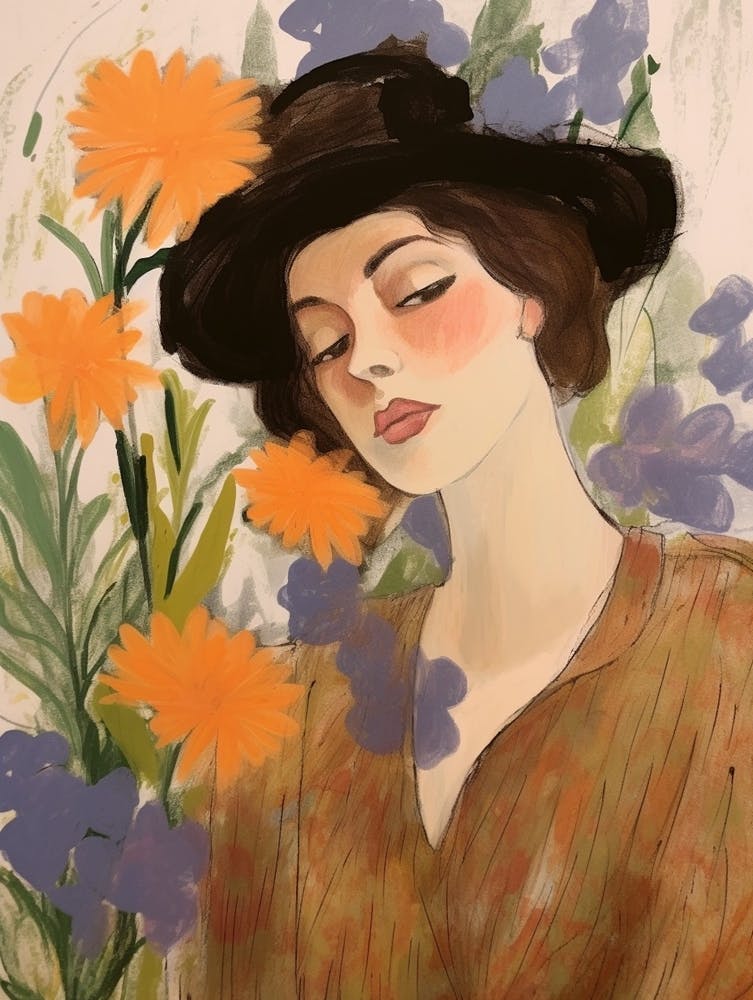 Woman With Autumnal Flowers Delphinium