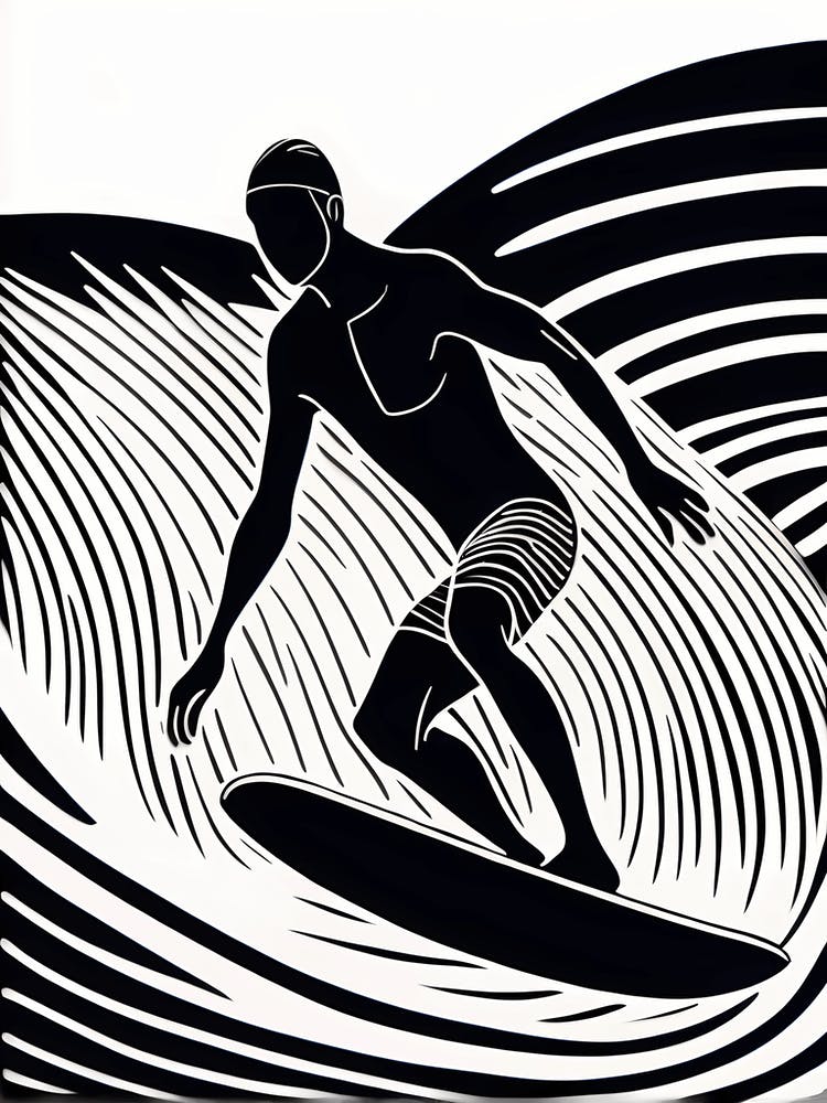 Linocut Black And White Surfer On A Wave art, surfing art, 255