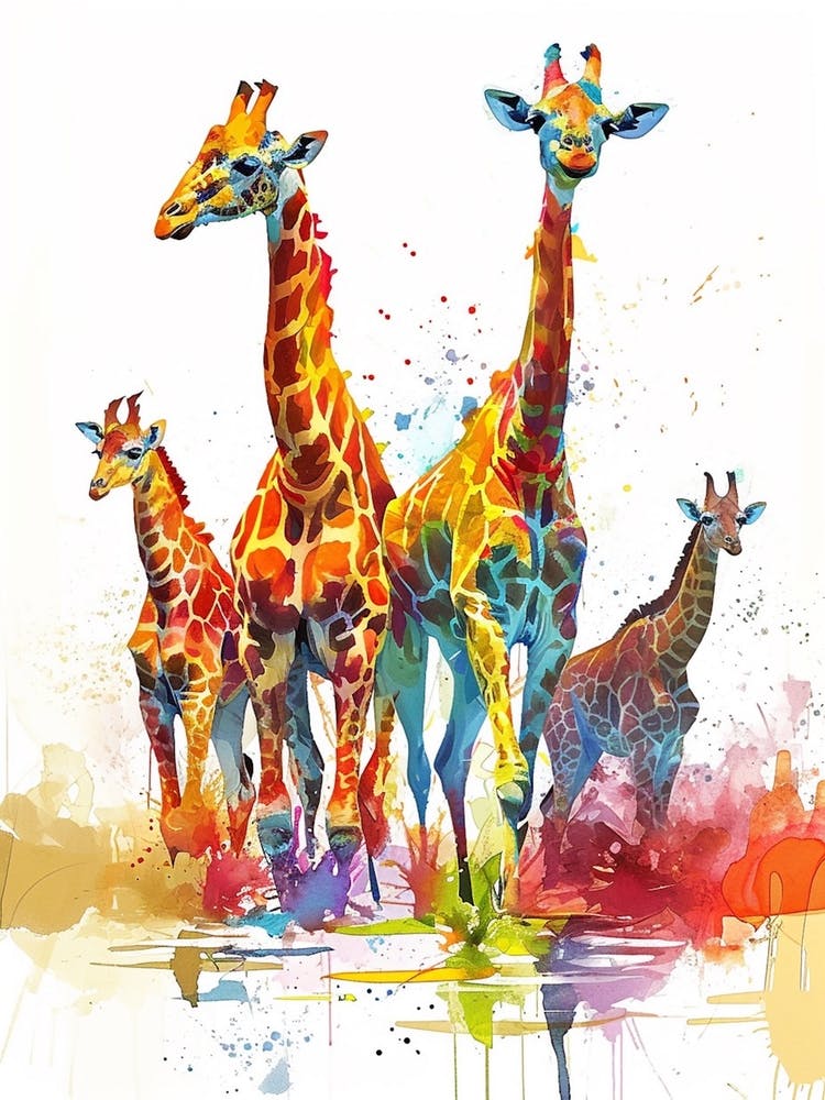 Herd Of Giraffe In The Water Watercolour 1