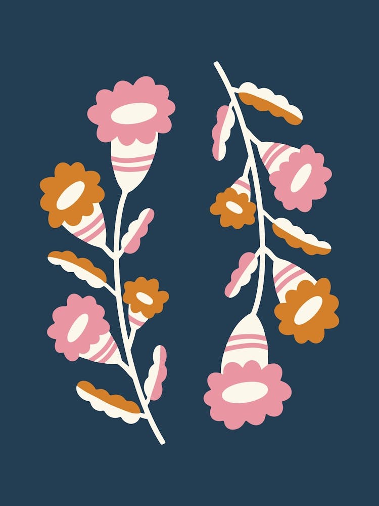 Flowers On A Branch Dark Blue Pink