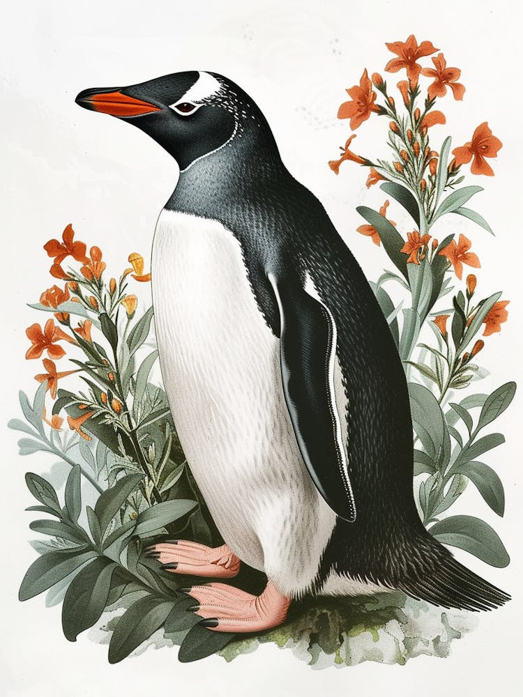 Adlie Penguin Bartolom Island Vintage Botanical Painting 2