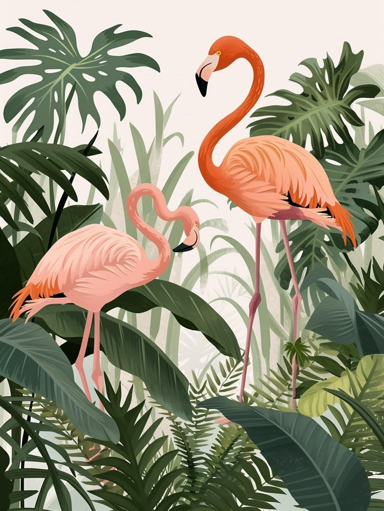 Lesser Flamingo And Philodendrons Minimalist Illustration 1