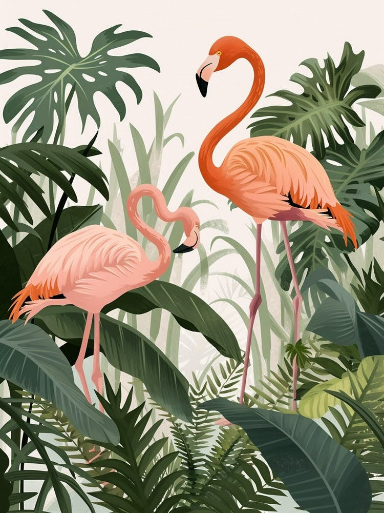 Lesser Flamingo And Philodendrons Minimalist Illustration 1