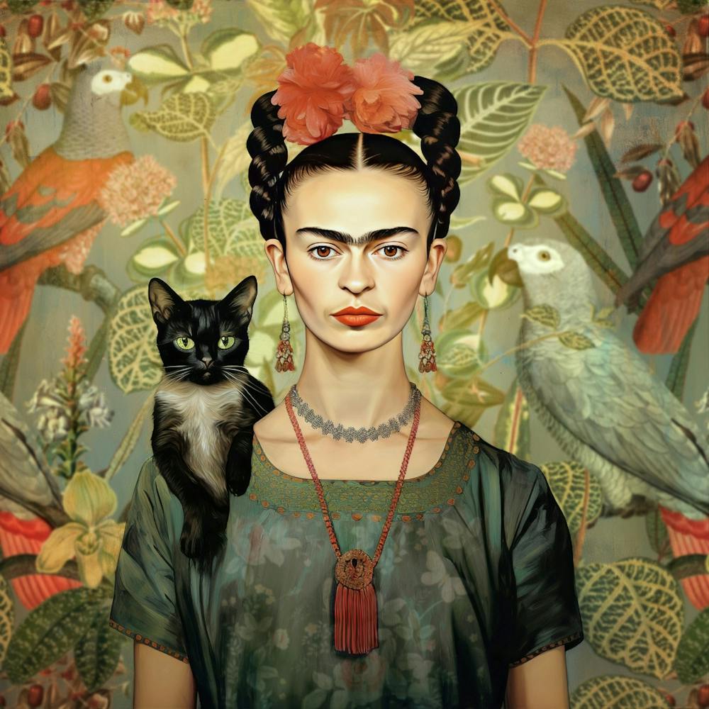 Frida Kahlo Selbstportrait mit Papagei und Katze, Florale Blumen Malerei