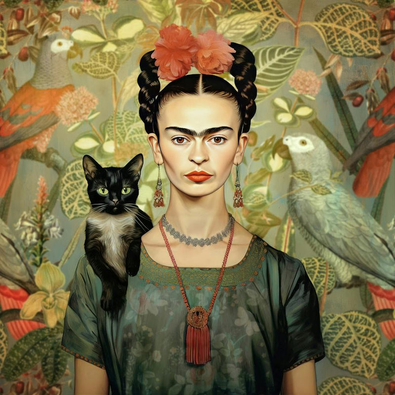 Frida Kahlo Selbstportrait mit Papagei und Katze, Florale Blumen Malerei