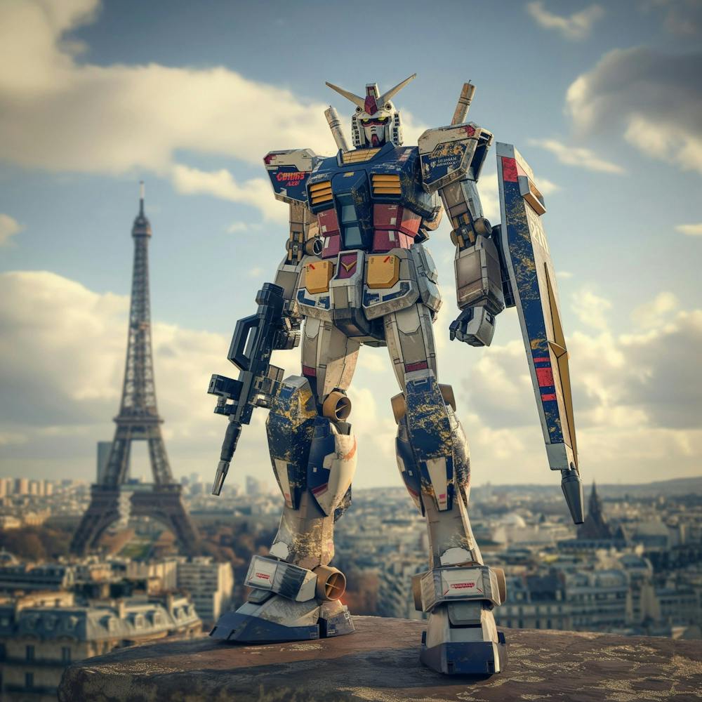 French Flag Pattern Huge Giant With Guns And Shields, Perspective, A Slight Weathering Effect, French Eiffel Tower View, French Flag Pattern On Shoulder