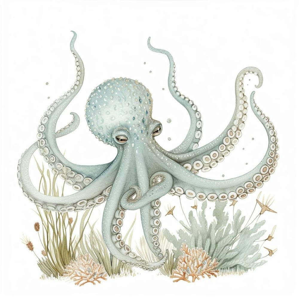 Storybook Style Octopus With Fish & Aqua Marine Plants 2
