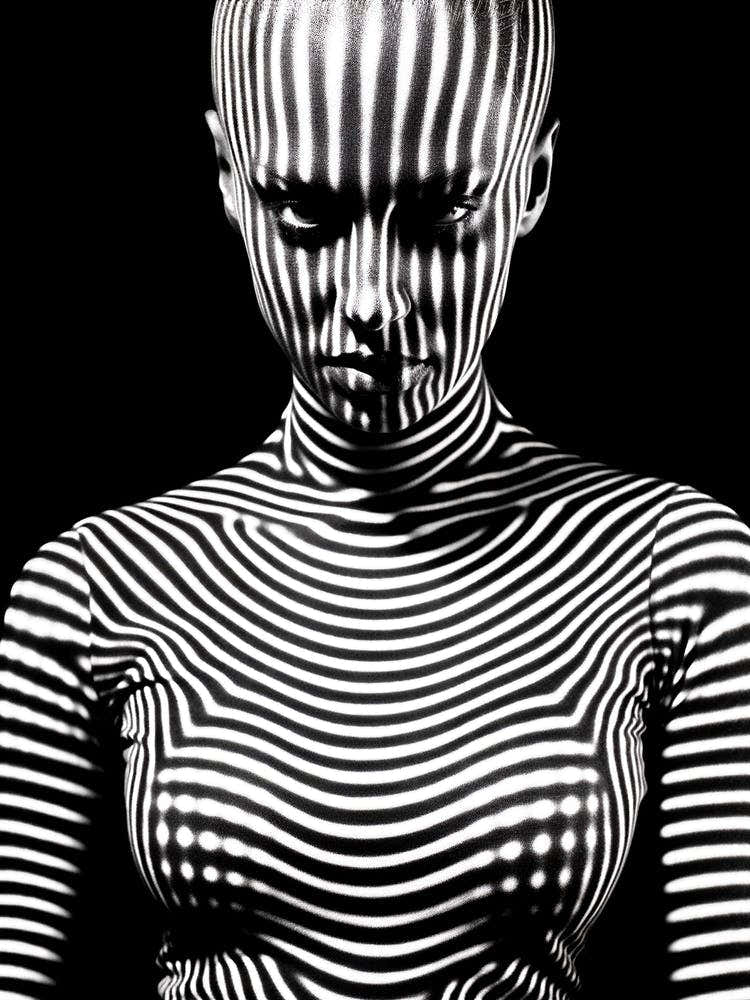Artistic portrait of young extravagant bald woman with a black and white costume 1