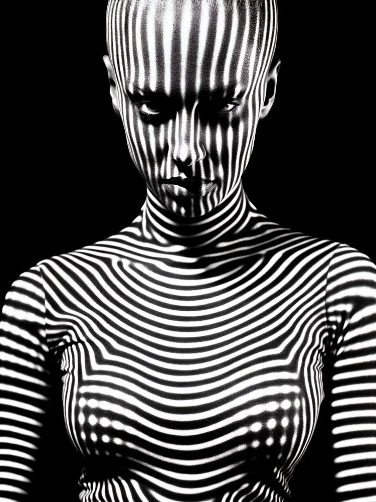 Artistic portrait of young extravagant bald woman with a black and white costume 1