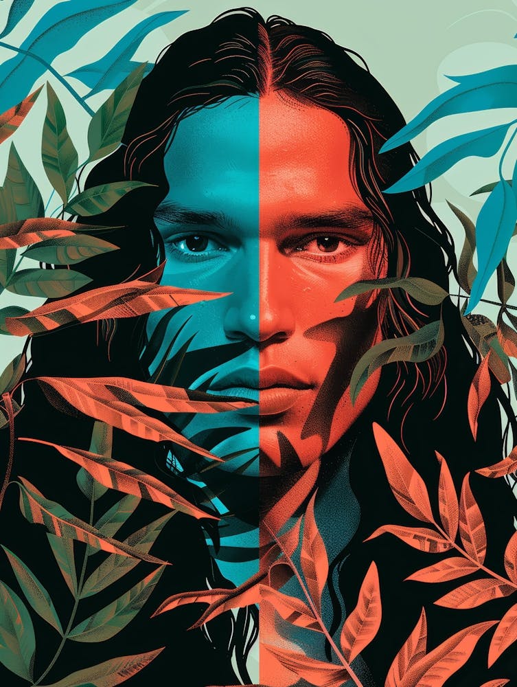 Man With Long Hair And Leaves