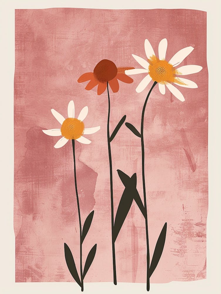 Set Of 4 Simple Hand Drawn Daisies On Pink Paper 10