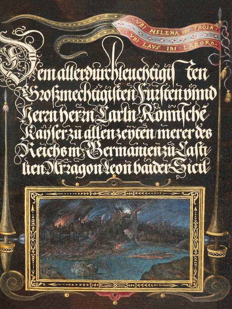 The Burning Of Troy; Banner Of The House Of Hapsburg From Mira Calligraphiae Monumenta, Joris Hoefnagel