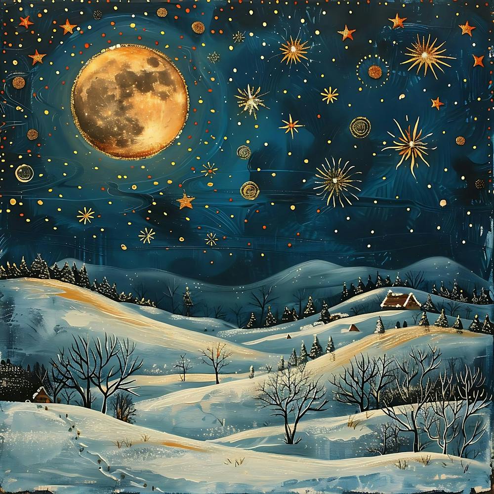 Magical Winter Night Scene With A Large Full Moon Stars And A Snowy Landscape Featuring Small Houses And Leafless Tree