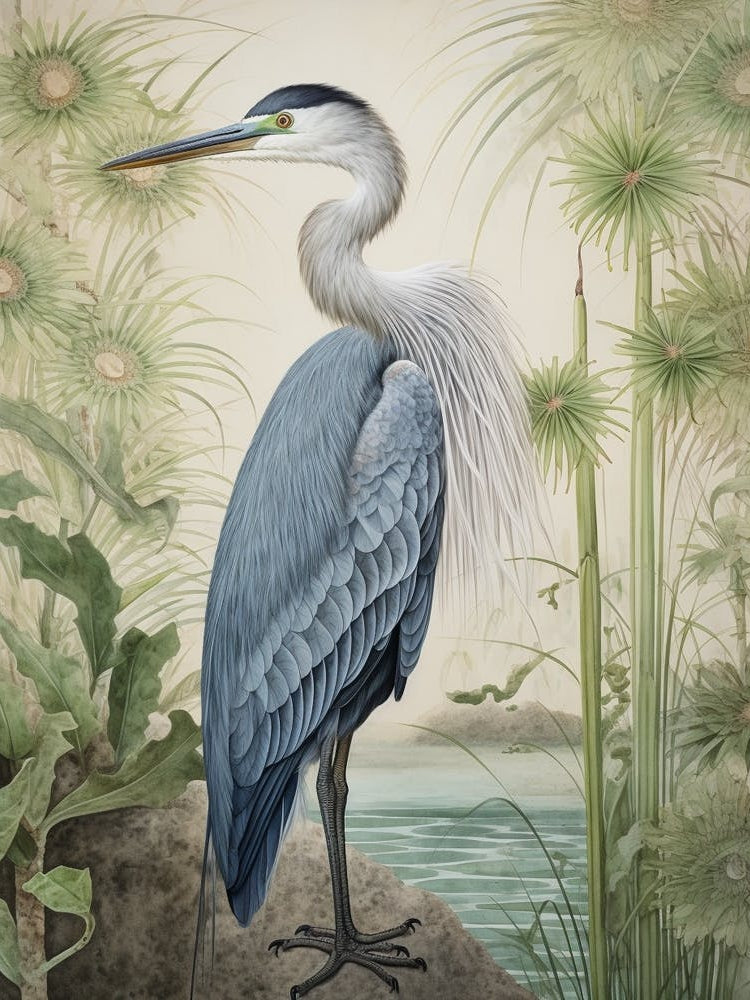 Ohara Koson Inspired Bird Painting Great Blue Heron 1