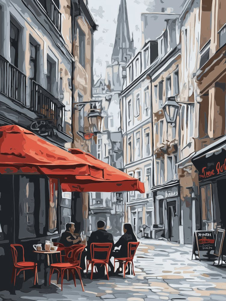 Café On The Street, Red Chairs Under An Umbrella, People Sitting And Drinking Coffee In Front Of Them