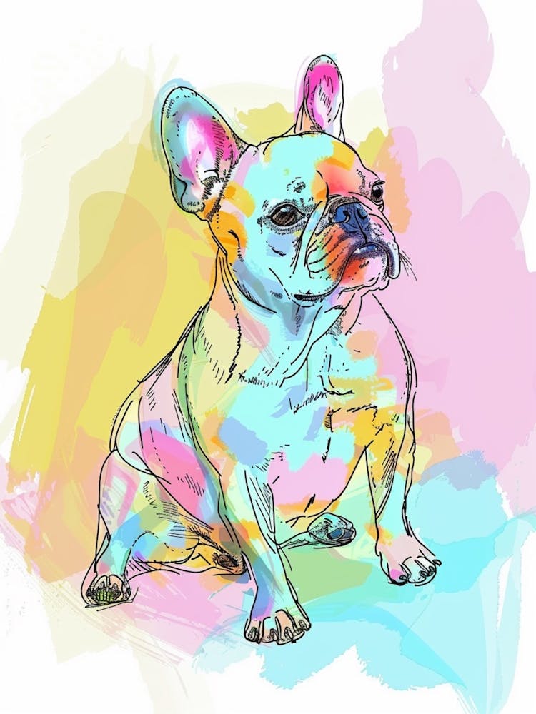 Pastel Watercolour French Bulldog Line Illustration 2