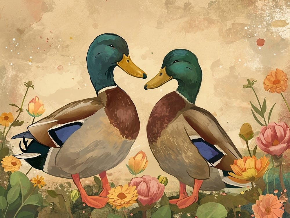 Floral Animal Illustration Mallard Duck 1