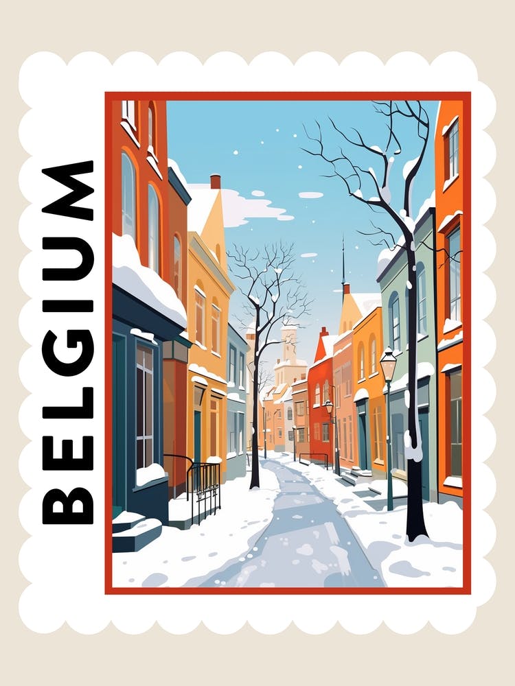Retro Winter Stamp Poster Bruges Belgium 1