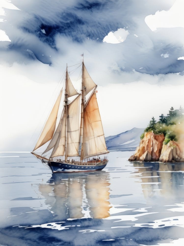 Sailing ship on the sea, watercolor painting 7