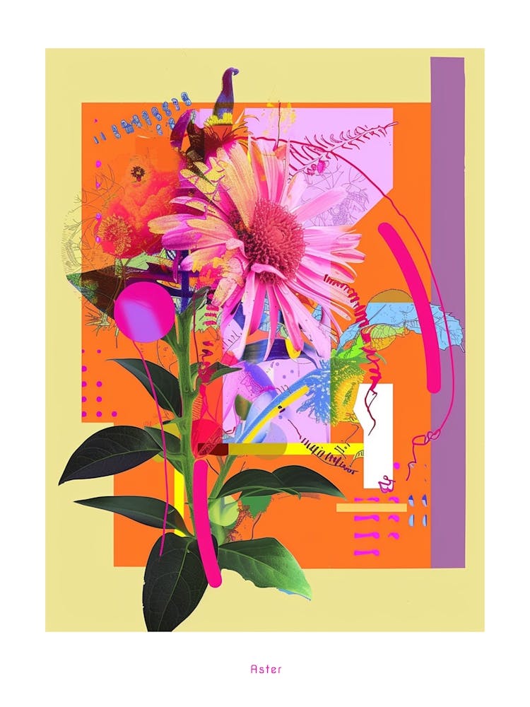 Aster 6 Neon Flower Collage Poster