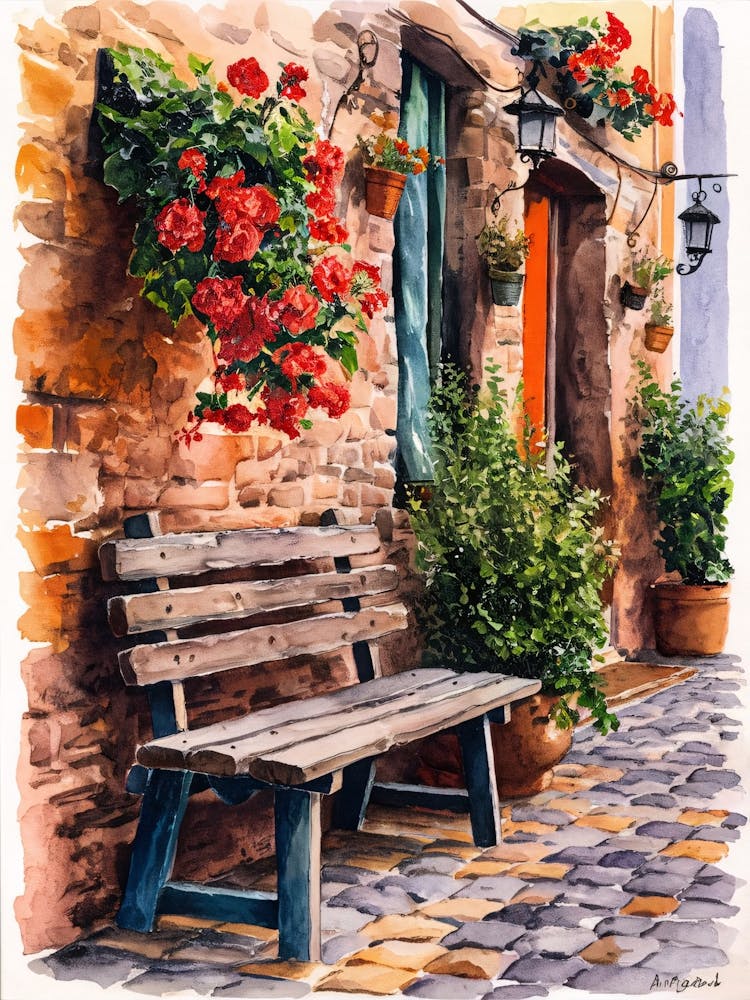 Watercolor Of A Bench